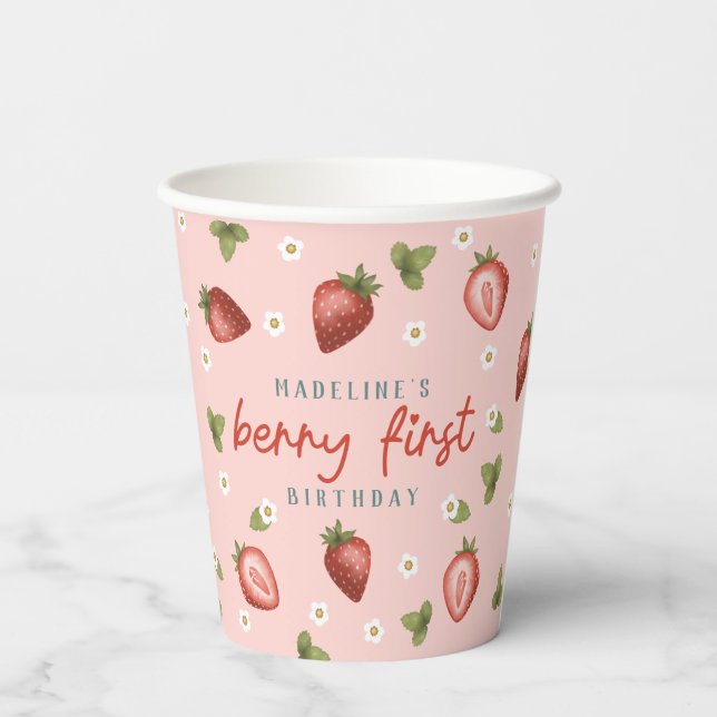 Girls Cute Pink Berry First 1st Birthday Paper Cups (Back)