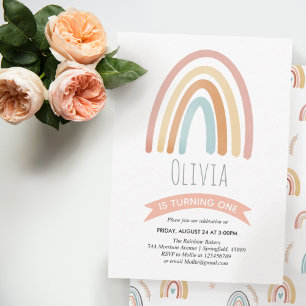 Girls Cute Pink Boho Rainbow First Birthday Invitation