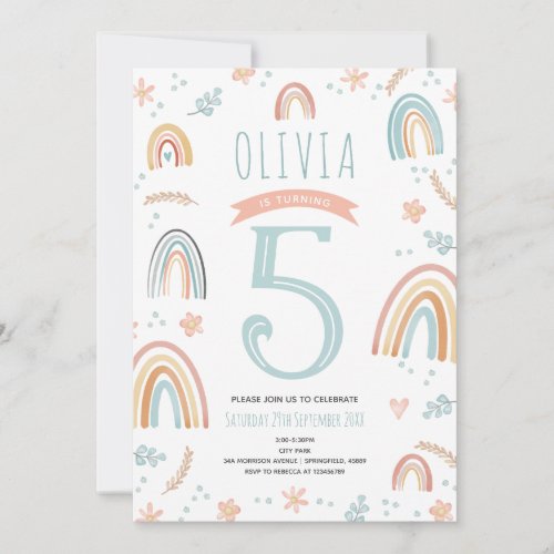 Girls Cute Pink Boho Rainbow Floral Birthday Invitation