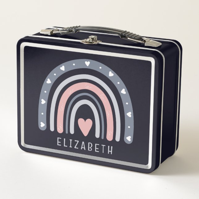 Girls Cute Pink Boho Rainbow Kids Personalized Metal Lunch Box (Front)