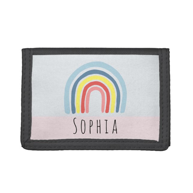 Girls Cute Pink Boho Rainbow Kids Trifold Wallet (Front)