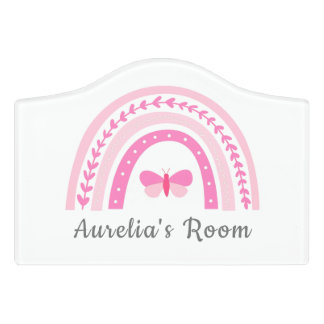 Girls Cute Pink Boho Rainbow & Name Kids Door Sign