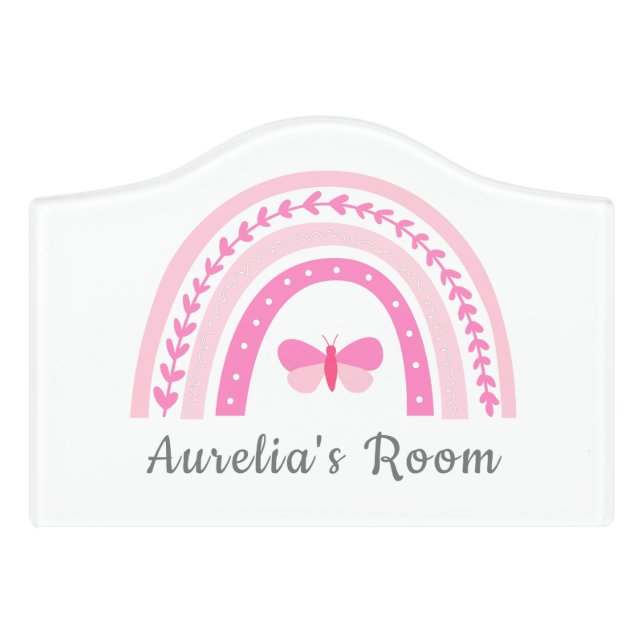 Girls Cute Pink Boho Rainbow & Name Kids Door Sign (Small Crest Front)