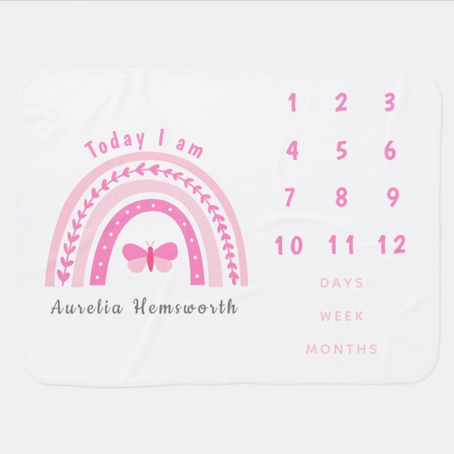 Girls Cute Pink Boho Rainbow & Name Milestone Baby Blanket (Horizontal)