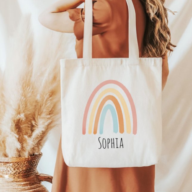 Girls Cute Pink Boho Watercolor Rainbow Kids Tote Bag (Creator Uploaded)