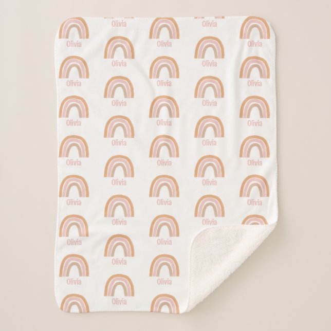 Girls Cute Pink Boho Watercolor Rainbow Name Sherpa Blanket (Front)