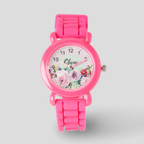 Girls Cute Pink Botanical Flowers and Name Kids Watch