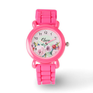 Girls Cute Pink Botanical Flowers and Name Kids Watch