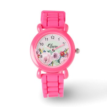 Girls Cute Pink Botanical Flowers And Name Kids Watch by Simply_Baby at Zazzle