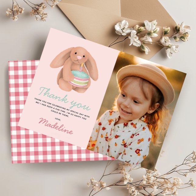 Girls Cute Pink Bunny Photo Kids Birthday  Thank You Card (Creator Uploaded)