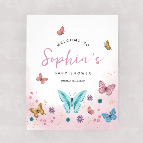 Girls Cute Pink Butterfly Baby Shower Welcome Sign