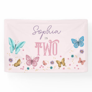 Girls Cute Pink Butterfly Kids Birthday Banner