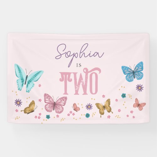 Girls Cute Pink Butterfly Kids Birthday Banner