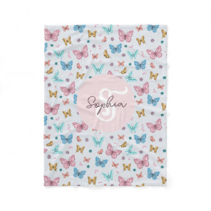 Girls Cute Pink Butterfly Kids Monogram Fleece Blanket