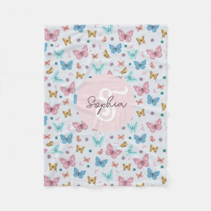 Girls Cute Pink Butterfly Kids Monogram Fleece Blanket