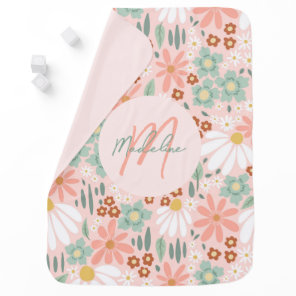 Girls Cute Pink Daisy Wildflower Monogram Baby Blanket