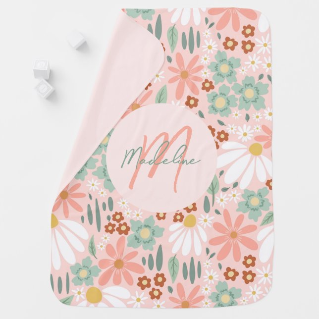 Girls Cute Pink Daisy Wildflower Monogram Baby Blanket (In Situ)