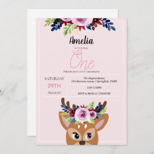 Girls Cute Pink Deer Floral 1st Birthday Flowers Invitation