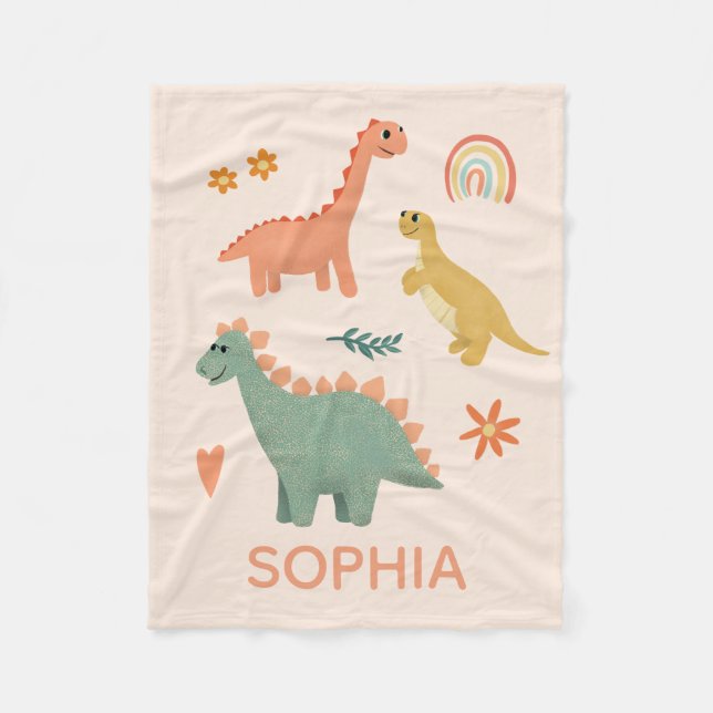 Girls Cute Pink Dinosaur and Flowers Kids Fleece Blanket (Front)