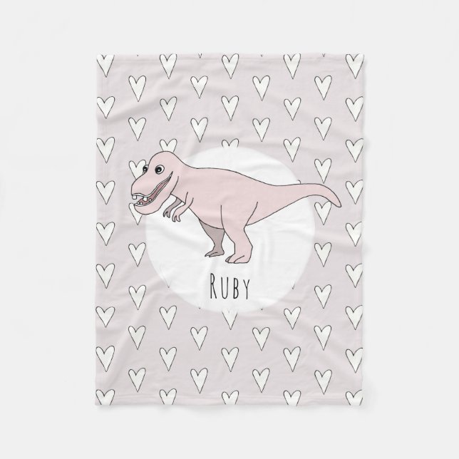 Girls Cute Pink Dinosaur Cartoon and Name Kids Fleece Blanket (Front)