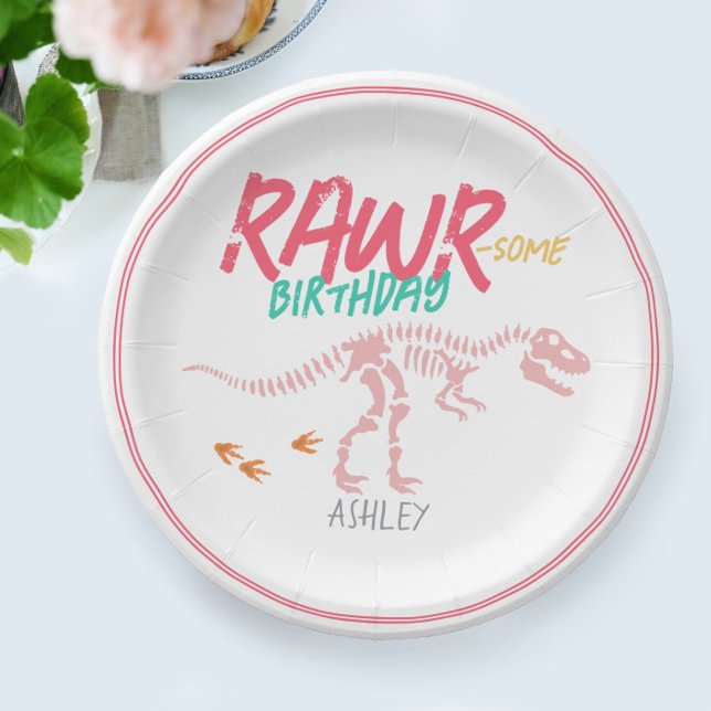 Girls Cute Pink Dinosaur Dig Fossil Kids Birthday Paper Plates (Creator Uploaded)