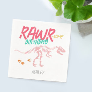 Girls Cute Pink Dinosaur Dig Kids Birthday Napkins