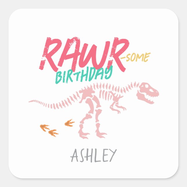 Girls Cute Pink Dinosaur Kids Birthday Favor Square Sticker (Front)
