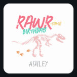 Girls Cute Pink Dinosaur Kids Birthday Favor Square Sticker<br><div class="desc">This cute and modern girls birthday sticker design features a t-Rex dinosaur skeleton. The stickers can be personalized with your kids name - the perfect pink and bright dinosaur fossil dig design for Birthday favors!</div>