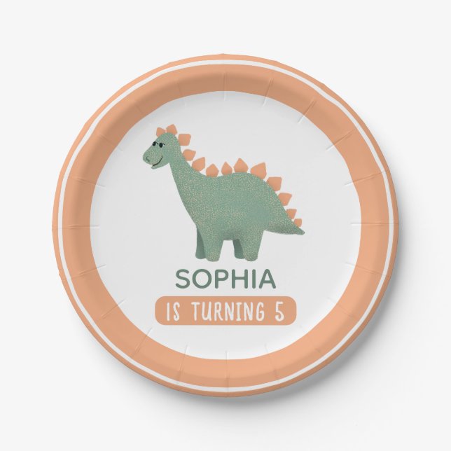 Girls Cute Pink Dinosaur Kids Birthday Paper Plates (Front)