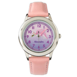Girls Cute Pink Dolphin Cartoon Custom Name Watch