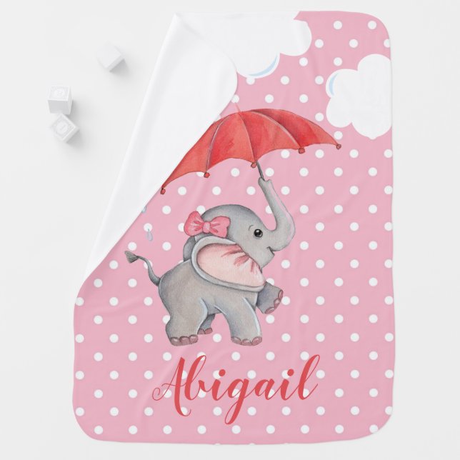 Girls Cute Pink Elephant Polka Dot Name Baby Blanket (In Situ)