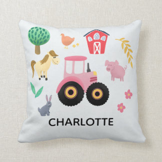Girls Cute Pink Farm Animal Tractor Kids Nursery Throw Pillow