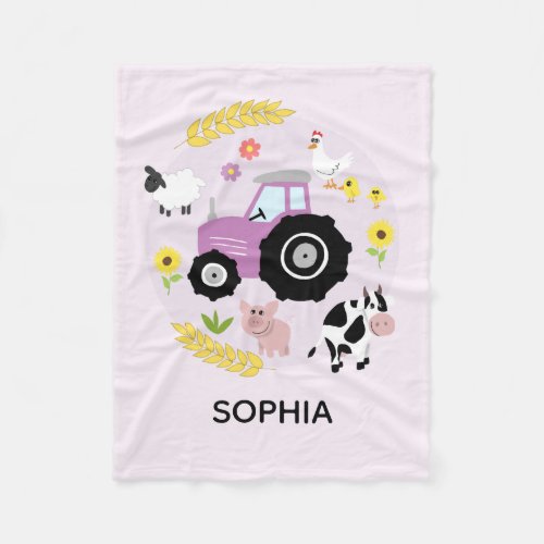 Girls Cute Pink Farm Animals Tractor  Name Kids Fleece Blanket