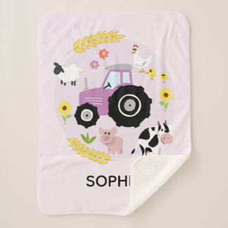 Girls Cute Pink Farm Animals Tractor & Name Kids Sherpa Blanket