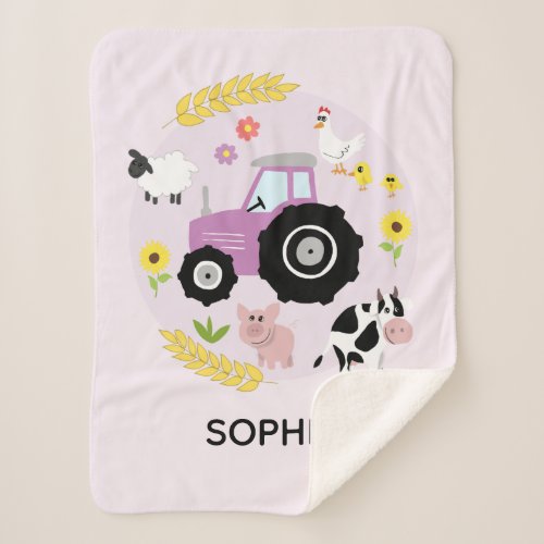 Girls Cute Pink Farm Animals Tractor  Name Kids Sherpa Blanket