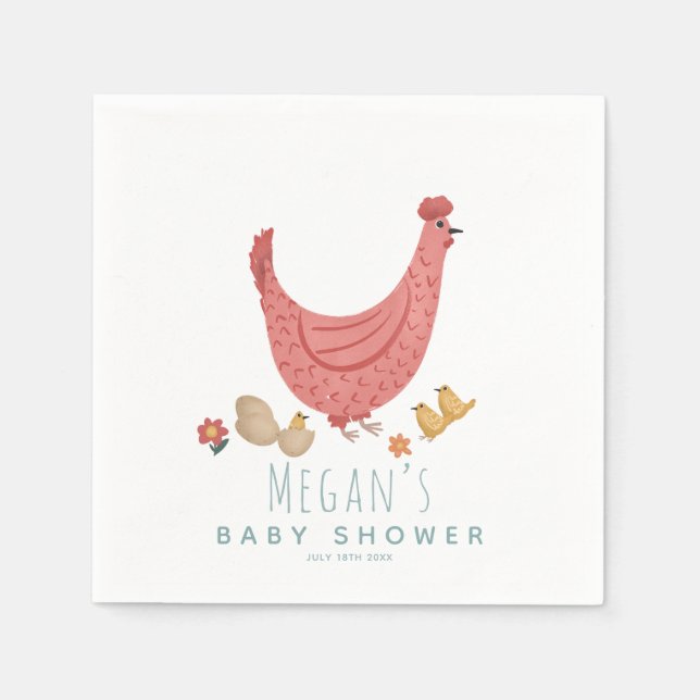 Girls Cute Pink Farm Chicken Baby Shower Napkins (Front)
