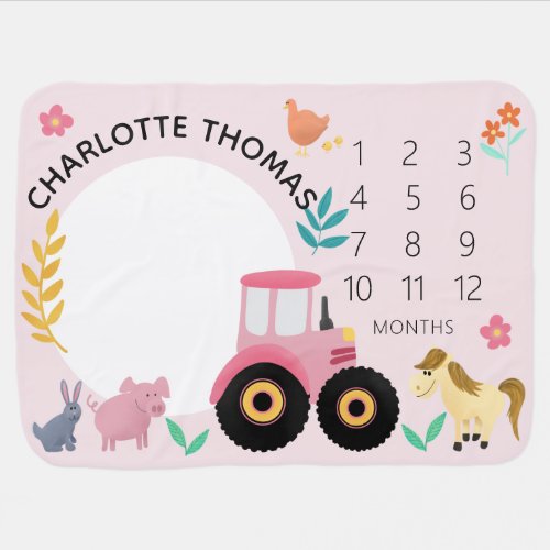 Girls Cute Pink Farm Tractor and Animals Milestone Baby Blanket