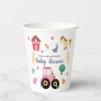Girls Cute Pink Farm Tractor Baby Shower Paper Cups