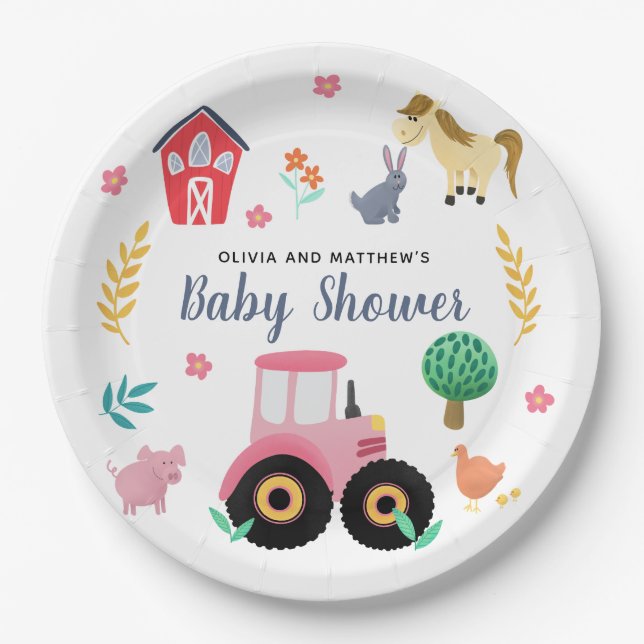 Girls Cute Pink Farm Tractor Baby Shower Paper Plates (Front)