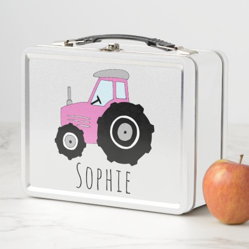 Girls Cute Pink Farm Tractor Kids Metal Lunch Box