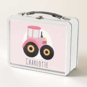Girls Cute Pink Farm Tractor Kids School Metal Lunch Box