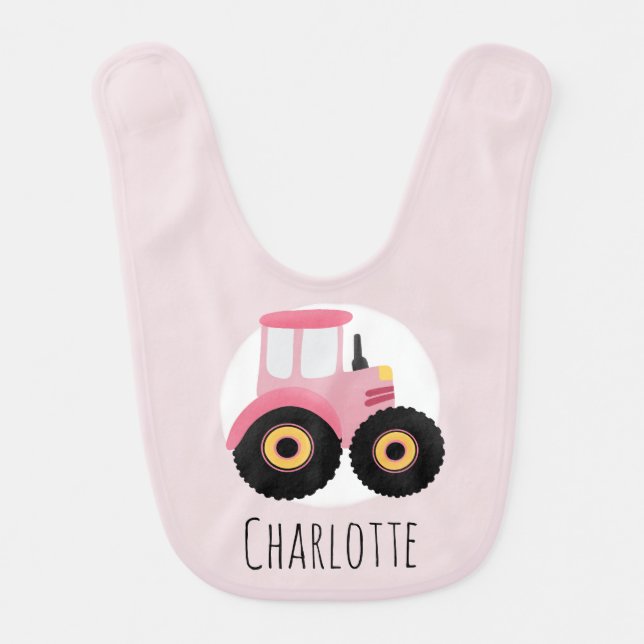 Girls Cute Pink Farm Tractor & Name Baby Bib (Front)