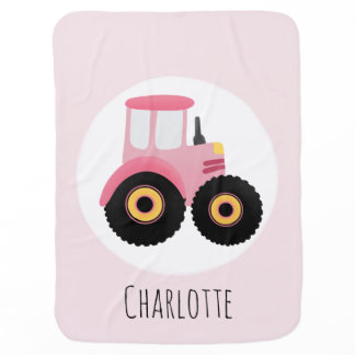 Girls Cute Pink Farm Tractor & Name Baby Blanket