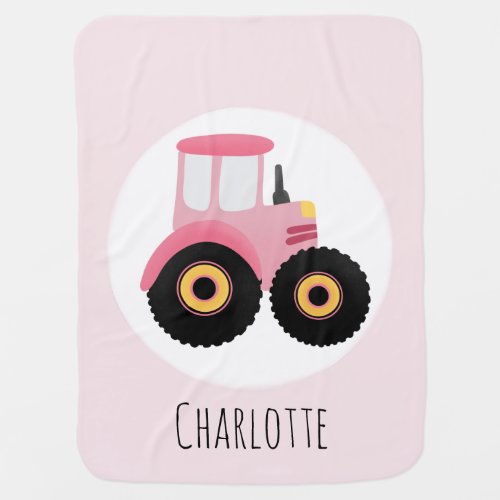 Girls Cute Pink Farm Tractor  Name Baby Blanket