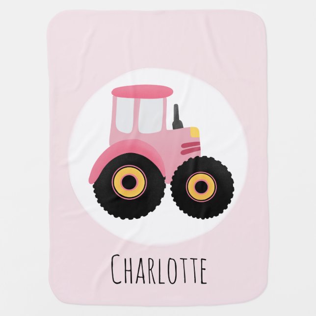 Girls Cute Pink Farm Tractor & Name Baby Blanket (Front)