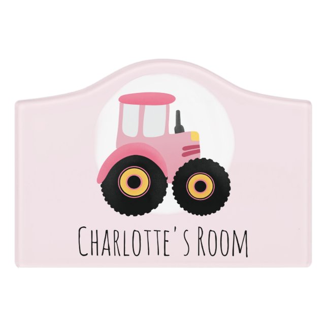 Girls Cute Pink Farm Tractor & Name Kids Door Sign (Small Crest Front)