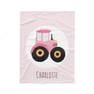 Girls Cute Pink Farm Tractor & Name Kids Fleece Blanket
