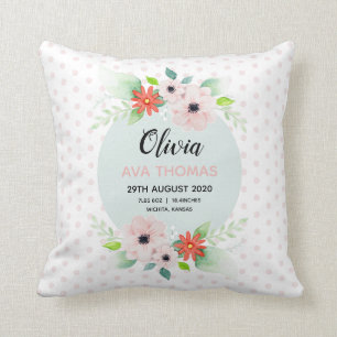 Girls Cute Pink Floral Birth Stats Nursery Throw Pillow