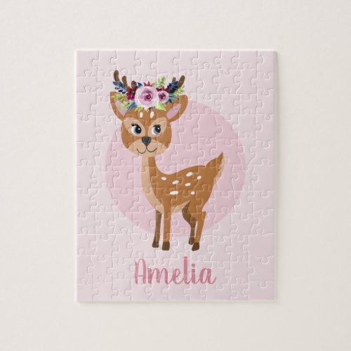 Girls Cute Pink Floral Deer and Flowers Kids Jigsaw Puzzle