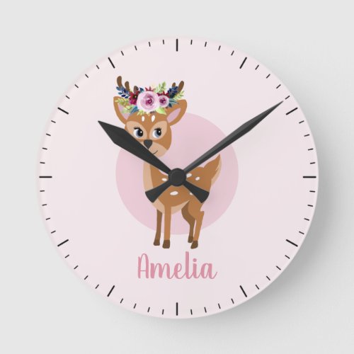 Girls Cute Pink Floral Deer and Flowers Kids Round Clock